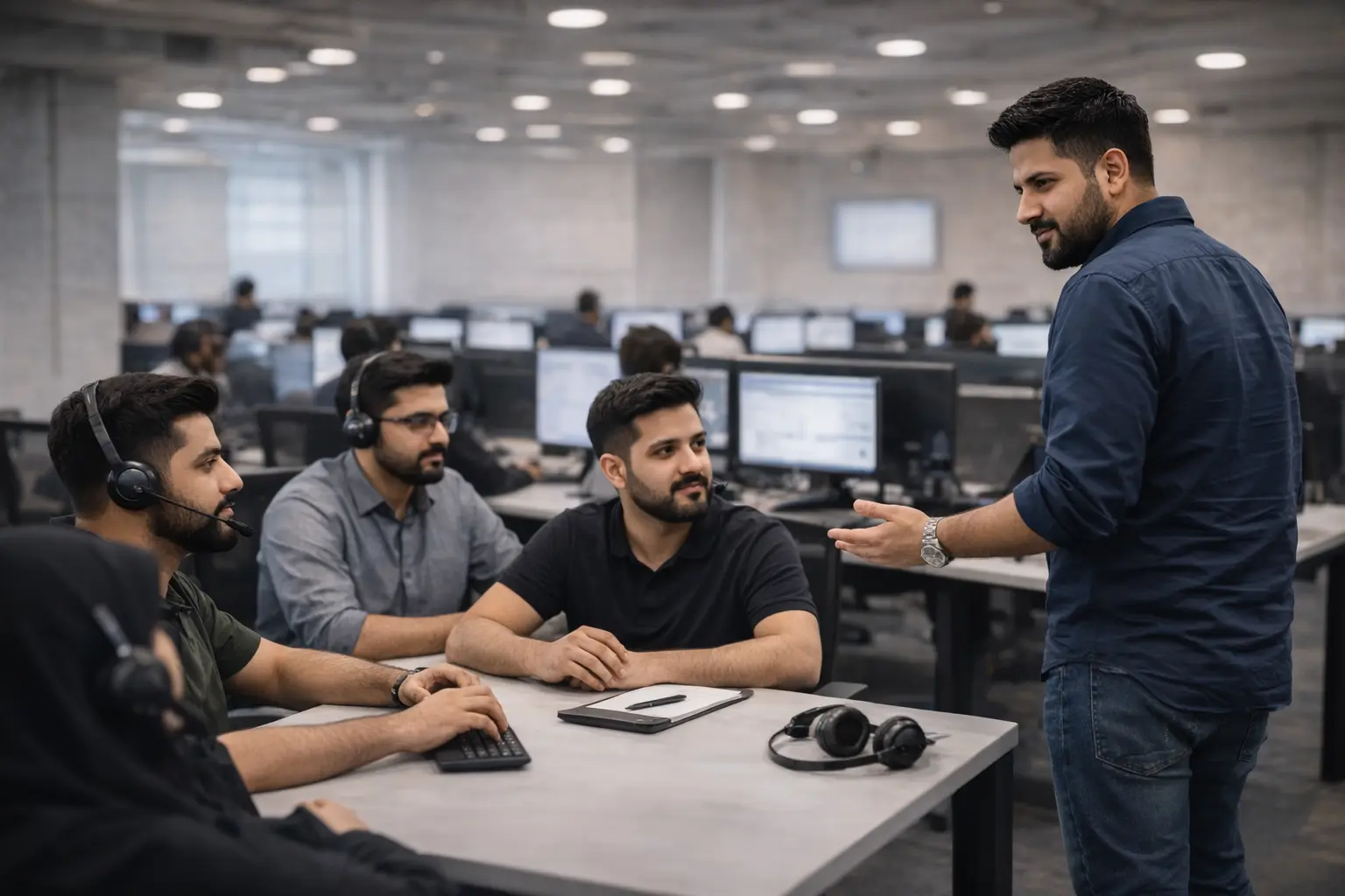 Team discussion at AL Rehman Communication